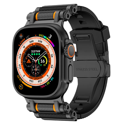 Black silicone replacement strap for Apple Watch, resilient and soft on skin.