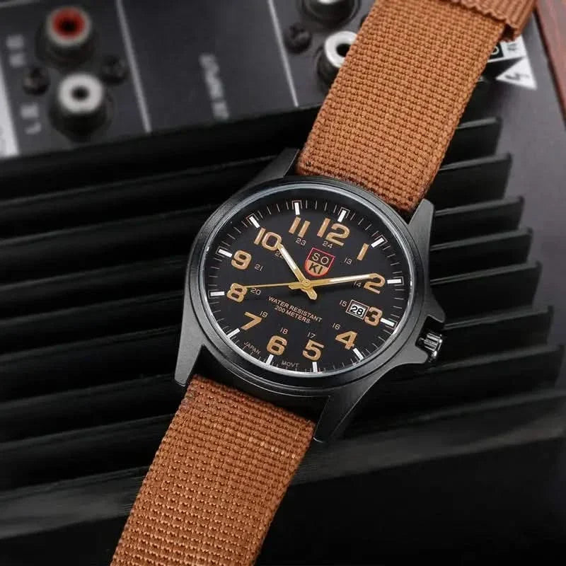 Close-up of rugged adventure sport watch face, showing durable display and time.