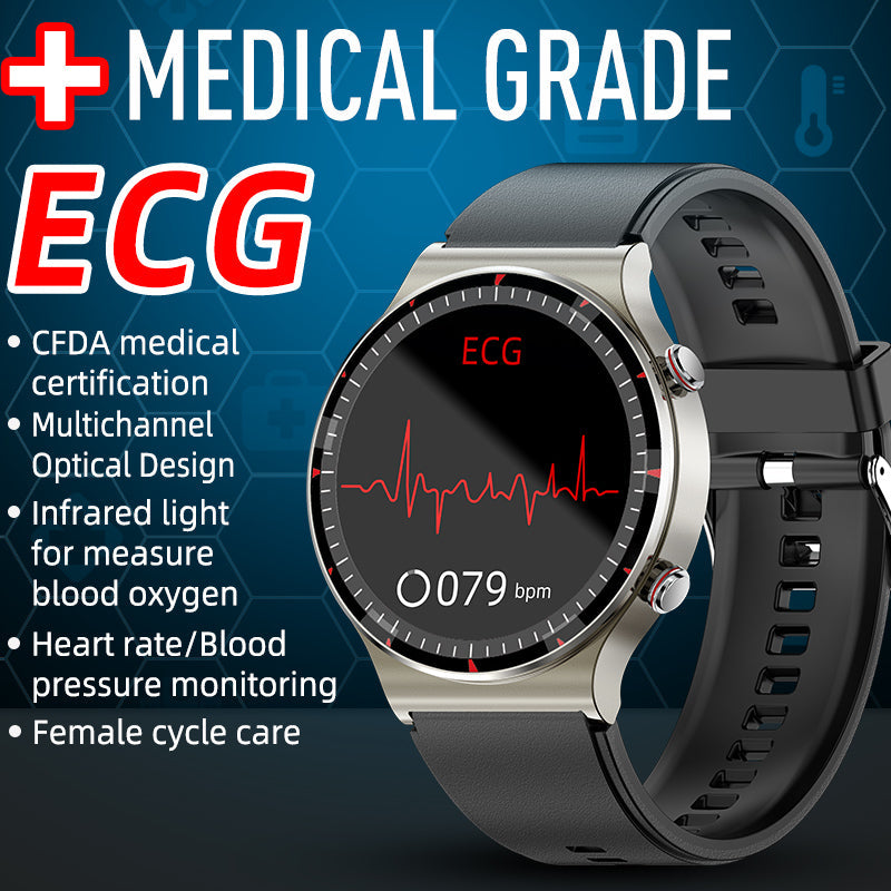 Long-lasting battery smartwatch for continuous ECG, heart rate, & SpO2.