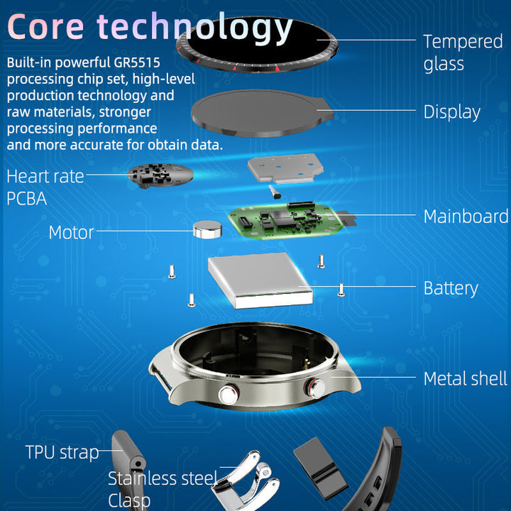 ECG health monitor smartwatch with blood oxygen and fitness tracking features.