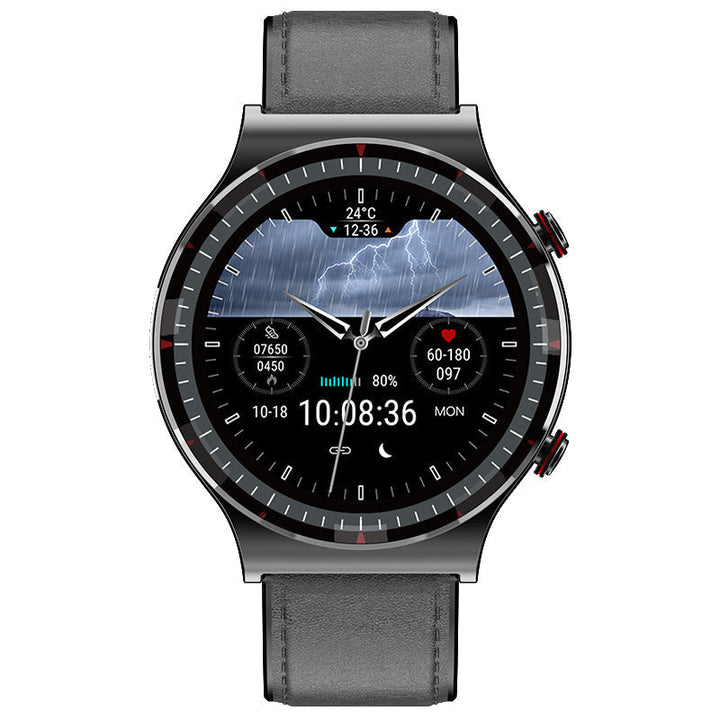 Unisex health tracker smartwatch displaying ECG, SpO2, & heart rate data.