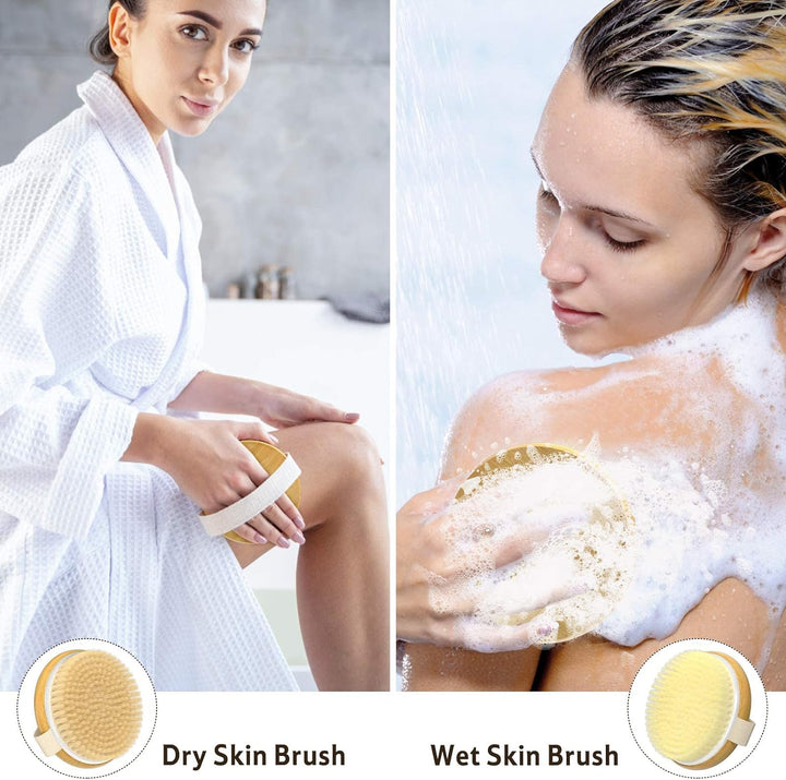Eco-friendly dry body brush with natural bristles for exfoliation, promotes smooth, healthy skin.