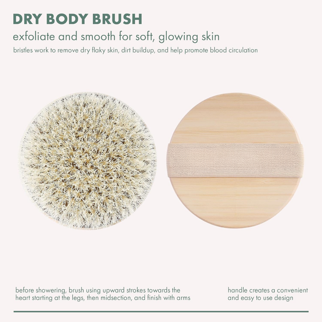 Exfoliating dry body brush with natural bristles gently buffs away dead skin for a radiant, smooth complexion.