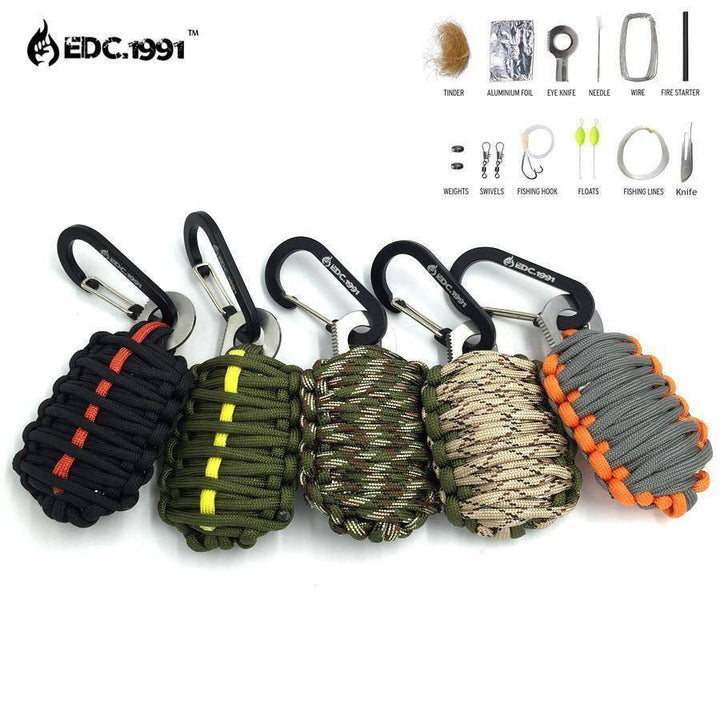 Unisex EDC survival grenade kit with paracord, fire starter, fishing kit for outdoor emergencies.