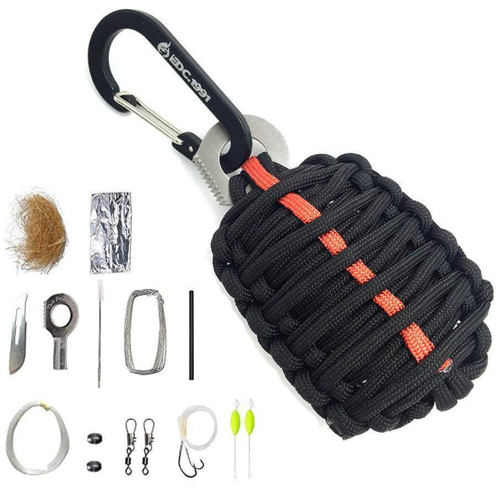 Compact everyday carry (EDC) survival grenade kit; essential outdoor equipment for camping.