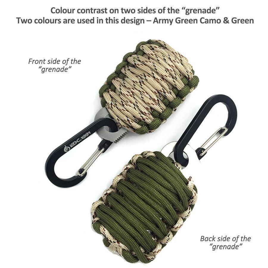 Close-up of a survival grenade, showcasing its paracord, fire starter, and emergency tools.