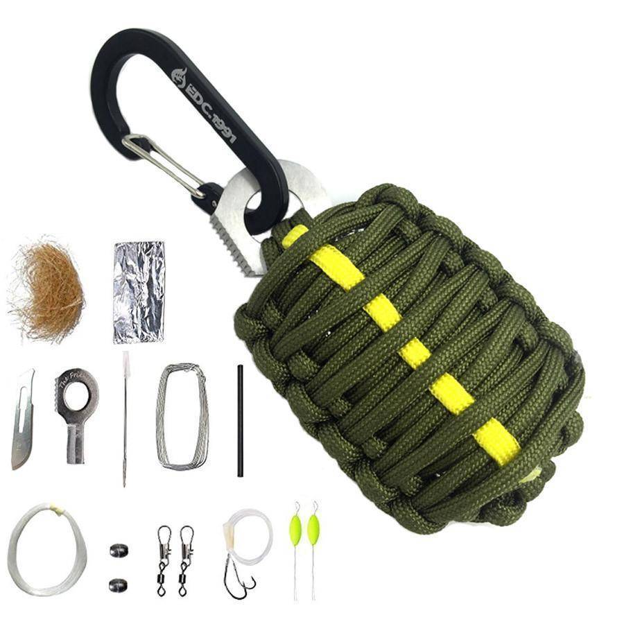 Paracord wrapped survival grenade kit, an emergency tool for hiking, fishing, and camping trips.