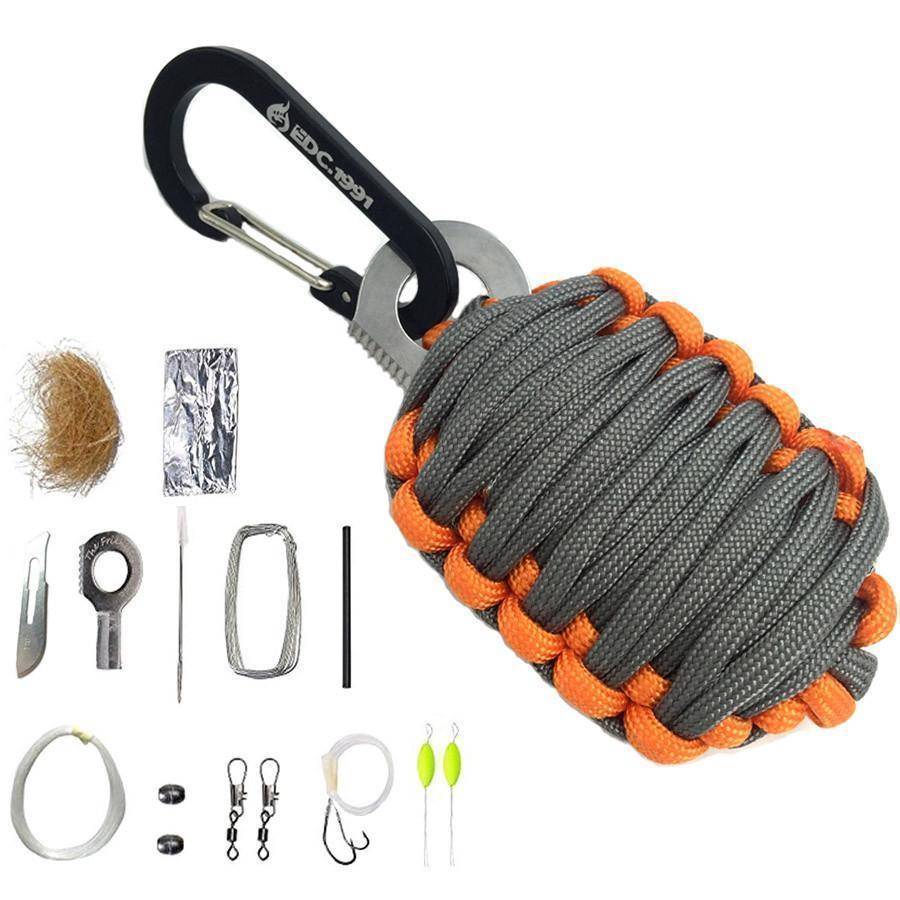 Outdoor equipment: Unisex EDC survival kit with fire starter, fishing kit, and paracord.