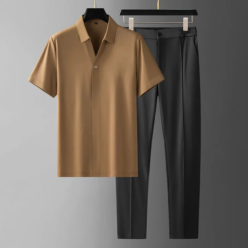 Unisex Effortless Polo & Pants Set for smart casual styling. Perfect two-piece matching separates.