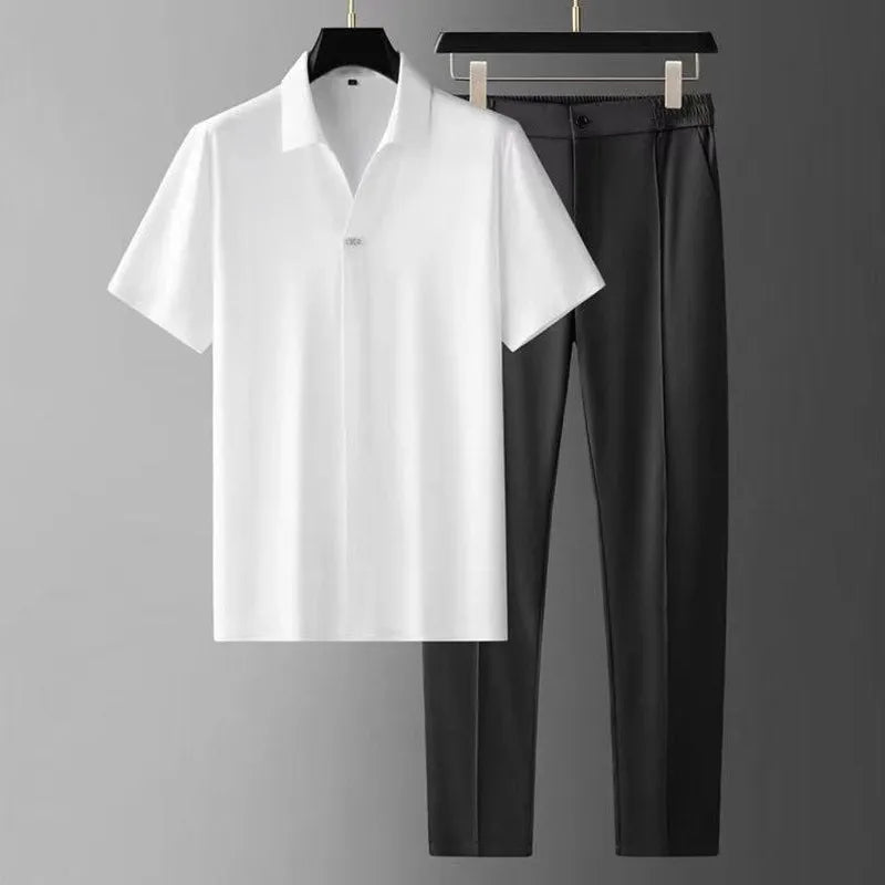 Tailored casual pants for men & women, paired with a polo. Versatile travel essential two-piece outfit.