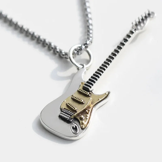 Unisex Electric Guitar Pendant Necklace & Ring set. Perfect rock style musical jewelry for music lovers.