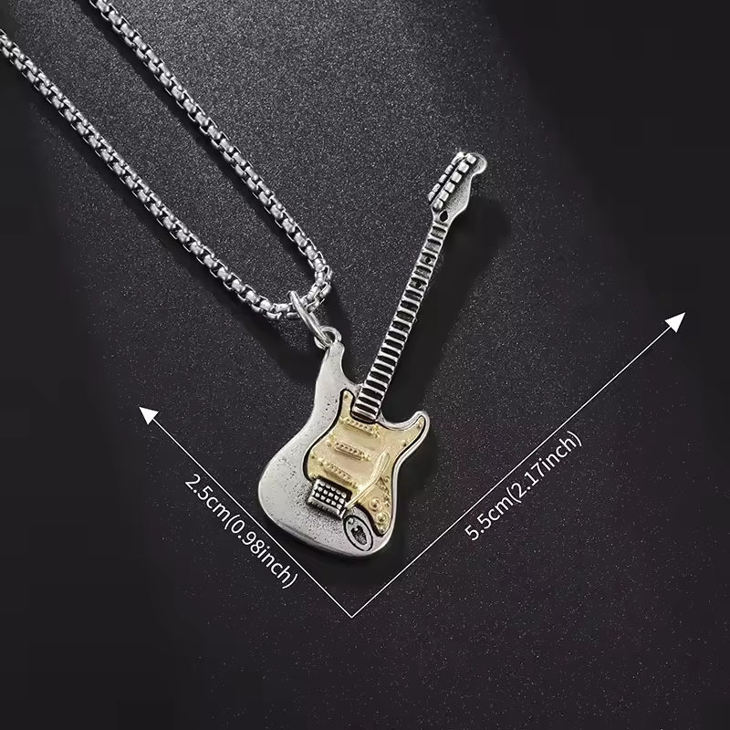 Stylish electric guitar pendant necklace. Unisex musical jewelry, great for rock style and music enthusiasts.