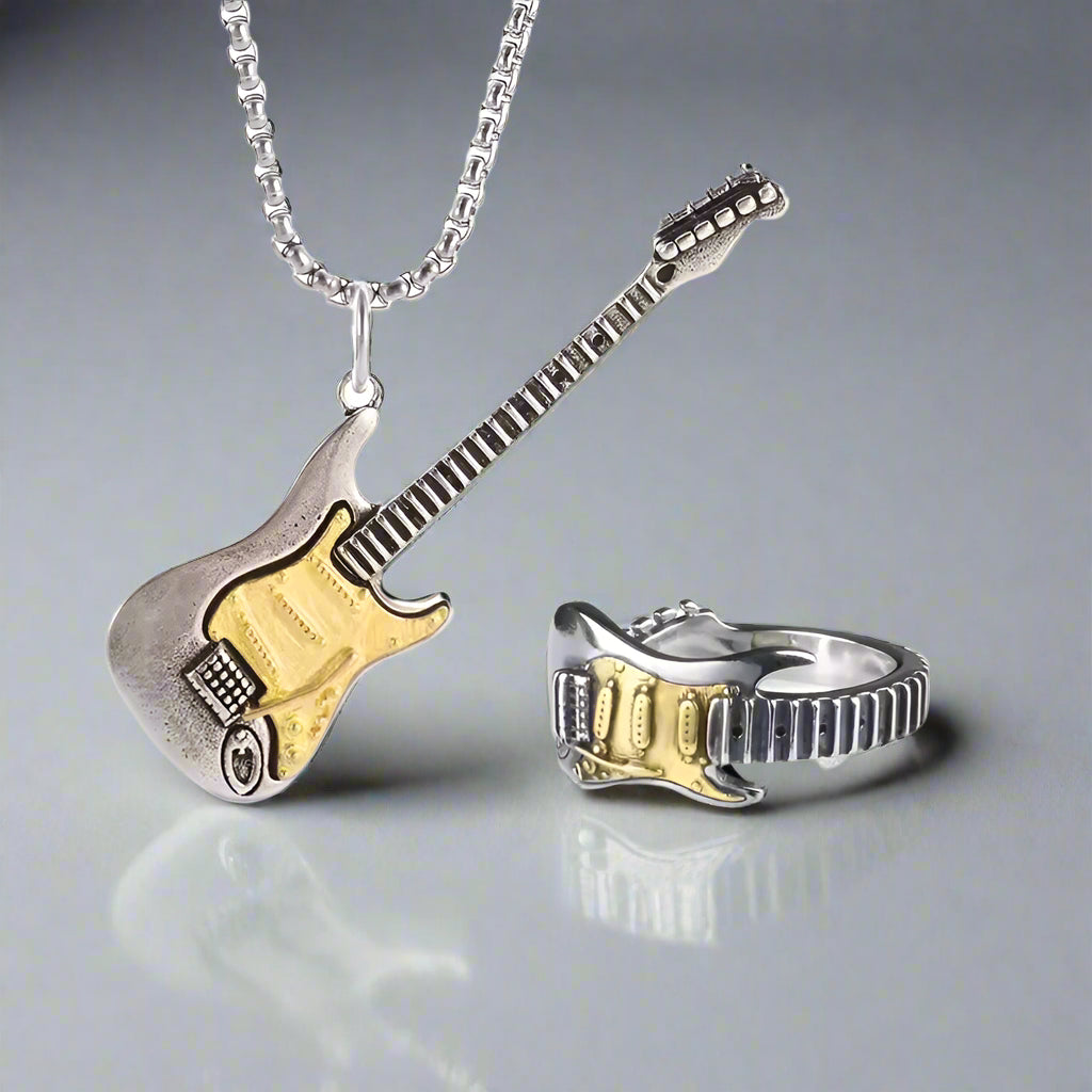 Detailed electric guitar pendant & adjustable ring. Unisex musical statement jewelry for rock music fans.