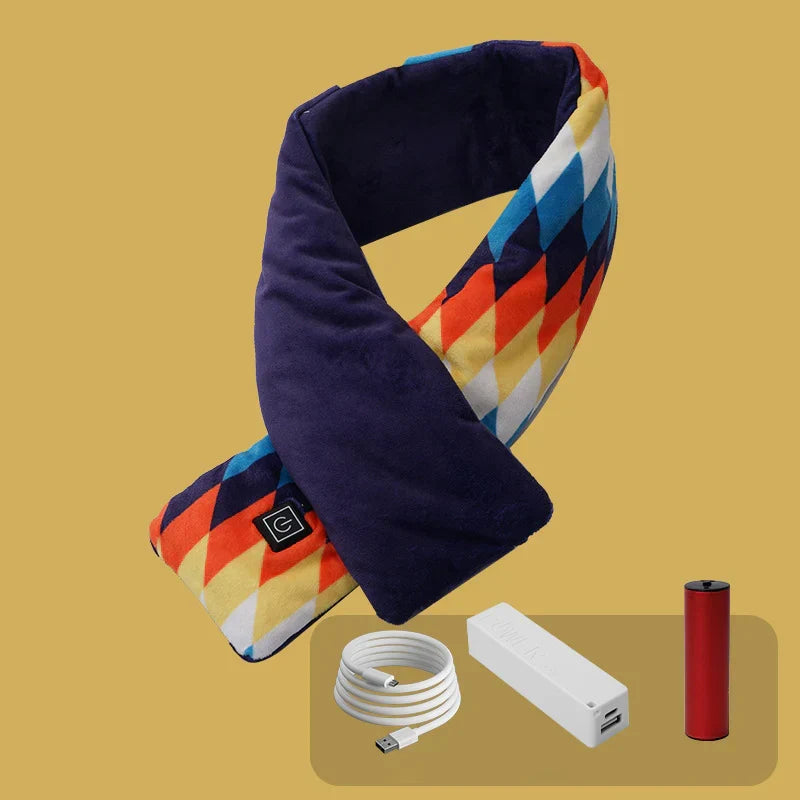 Woman enjoying winter warmth with a comfortable rechargeable electric heated scarf. Cold weather ready.
