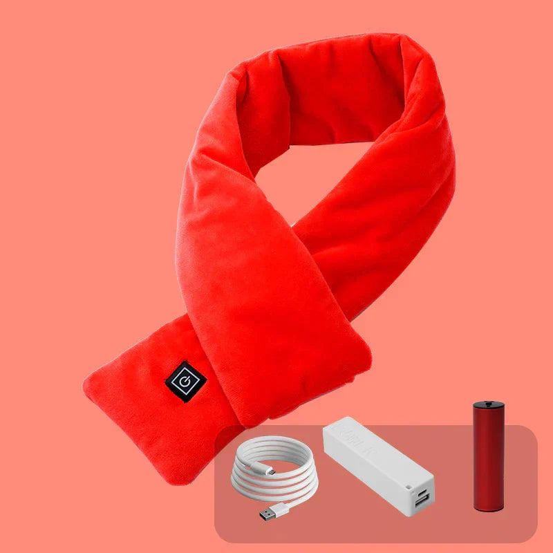 Compact, folded Merel electric heated scarf, ready for travel & keeping you warm in cold weather.