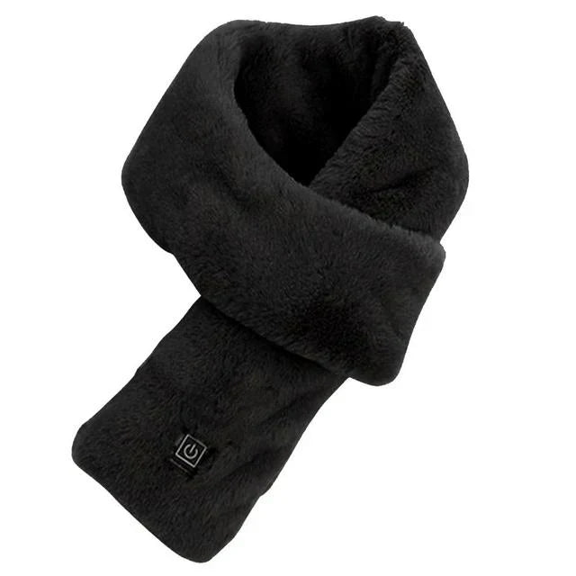 Black electric heated scarf, essential outdoor gear for extreme cold weather. Rechargeable design.