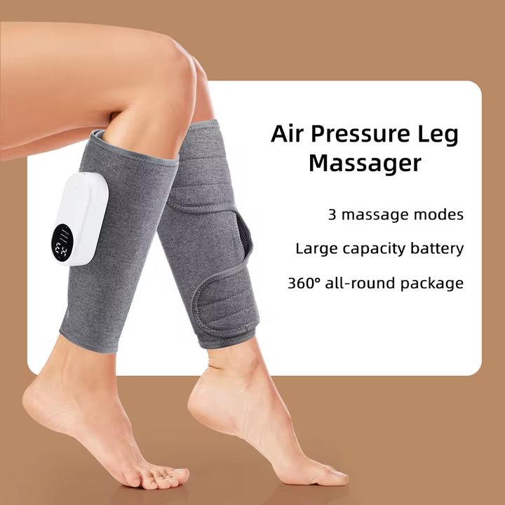 Person using a wireless electric leg massager for calves and thighs, boosting recovery & blood flow.