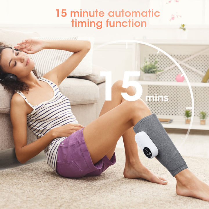 Rechargeable electric leg massager providing wireless air compression therapy for muscle soreness & leg recovery.