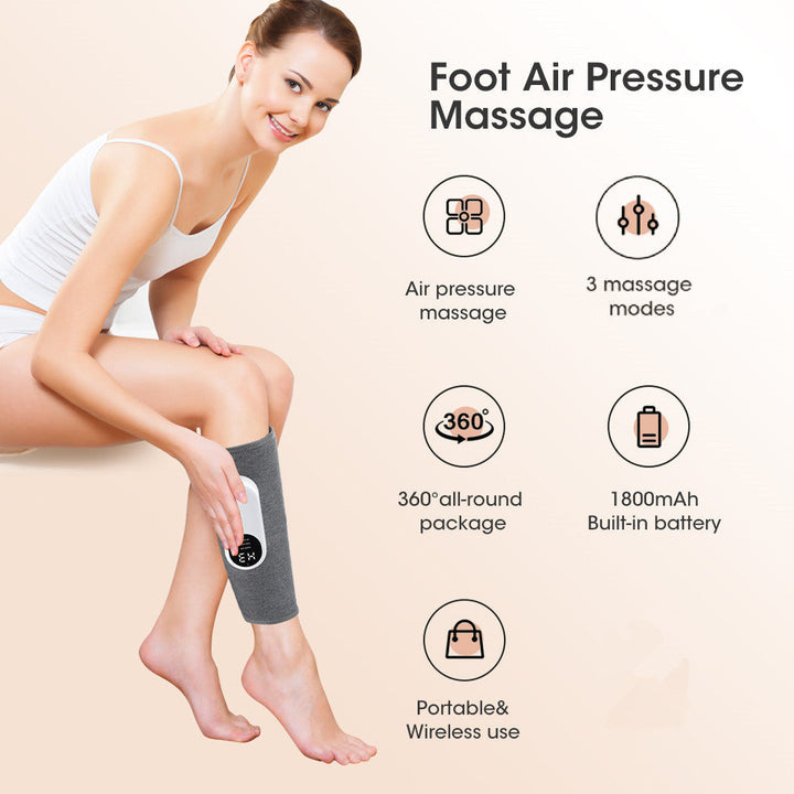 Relaxing at home with an electric air compression leg massager, perfect for a personal home spa experience.