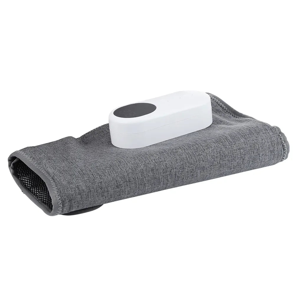 Comfortable fabric electric leg massager applying gentle air compression to calves, thighs, and knees.