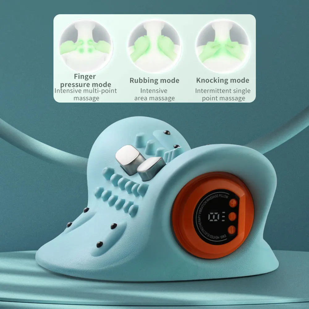 Electric neck stretcher with soothing heat therapy for cervical muscle relaxation & deep neck pain relief.