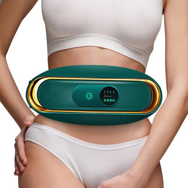 Close-up of the electric slimming waist massager. Features controls & fabric for comfortable belly fat burning & toning.