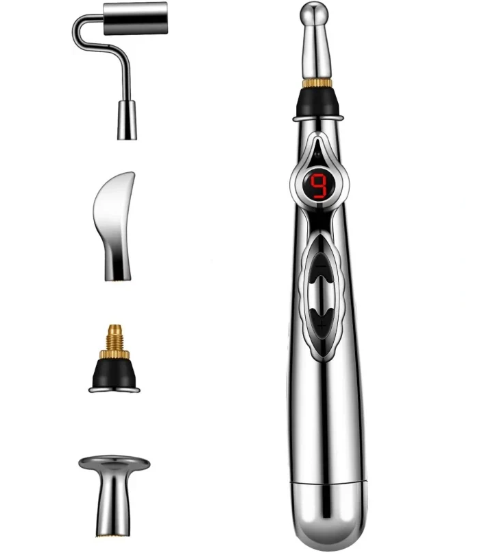 Electronic acupuncture pen for targeted muscle pain relief. Handheld massager for meridian energy.
