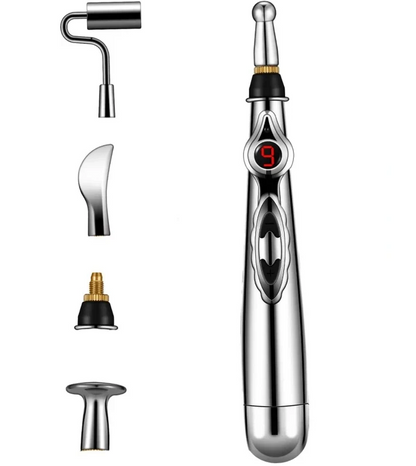 Electronic acupuncture pen for targeted muscle pain relief. Handheld massager for meridian energy.