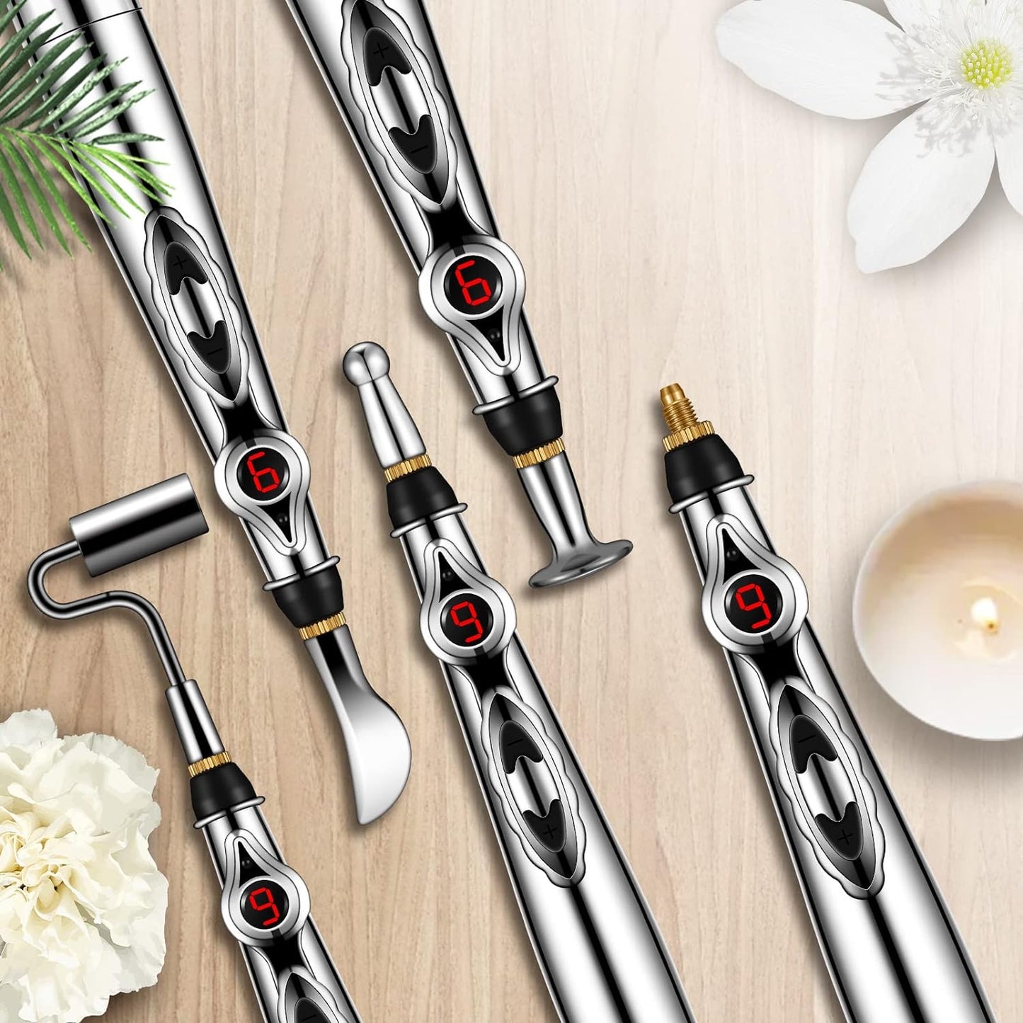 Electric acupuncture pen for home pain relief. Meridian therapy massager for muscle tension.