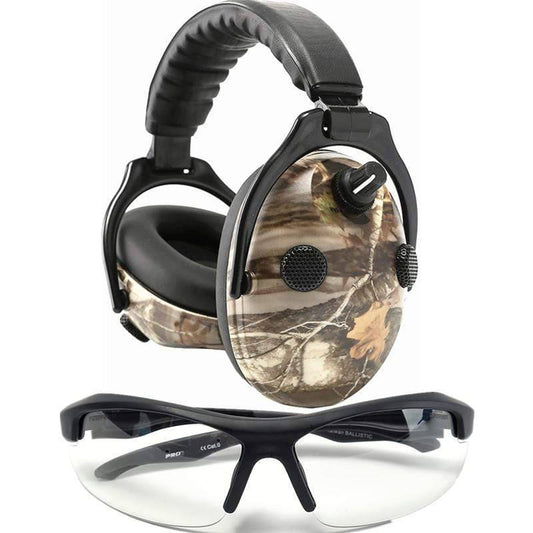 Unisex electronic shooting earmuffs & ballistic eyewear set, black, for hearing and eye protection