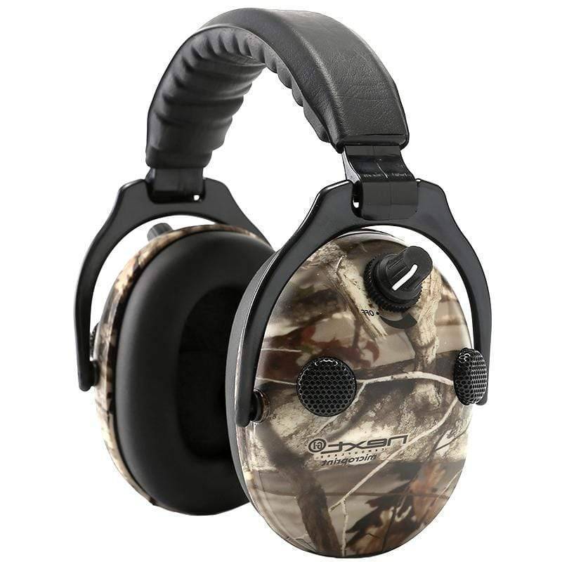 An angled view of the electronic hearing protection earmuffs, highlighting their ergonomic shape