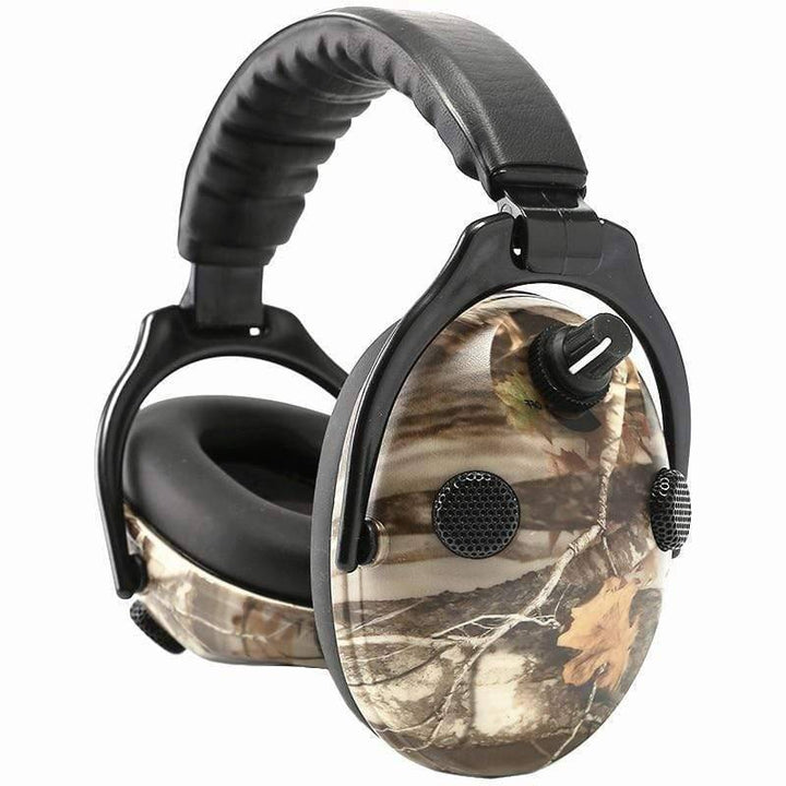 Close-up of black electronic shooting earmuffs designed for comfortable ear protection
