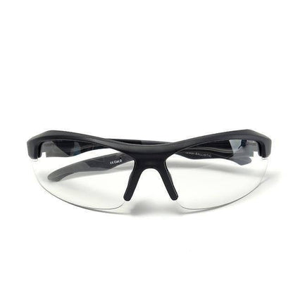 Unisex black electronic earmuffs with the ballistic eyewear resting on top, ready for use