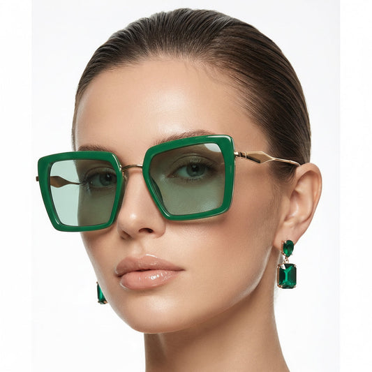 Unisex emerald frame square sunglasses with gold accents & UV protection, perfect for modern fashion eyewear.