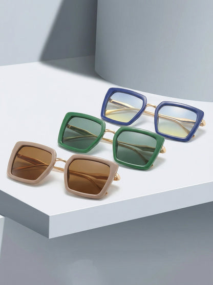 Luxury unisex emerald frame square sunglasses, a statement fashion eyewear piece with gold accents and UV protection.