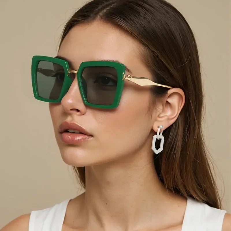 Chic emerald frame square sunglasses for unisex, featuring polished gold accents, luxury feel, and UV protection.