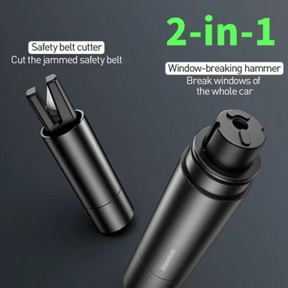 Unisex auto escape device with a pointed window breaker and a recessed seatbelt cutting blade.