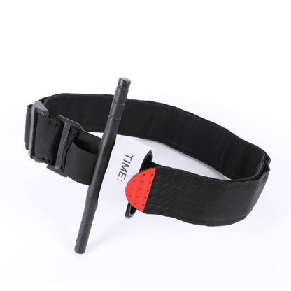 Tactical tourniquet with a red tip, clearly visible for rapid application in first aid and emergency care.