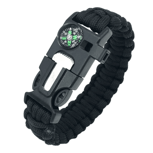 Unisex emergency paracord survival bracelet with fire starter, whistle, & compass for outdoor adventure