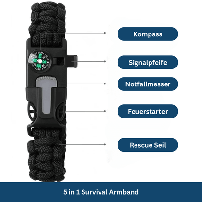 Close-up of a versatile paracord survival bracelet, an essential emergency tool for outdoor enthusiasts