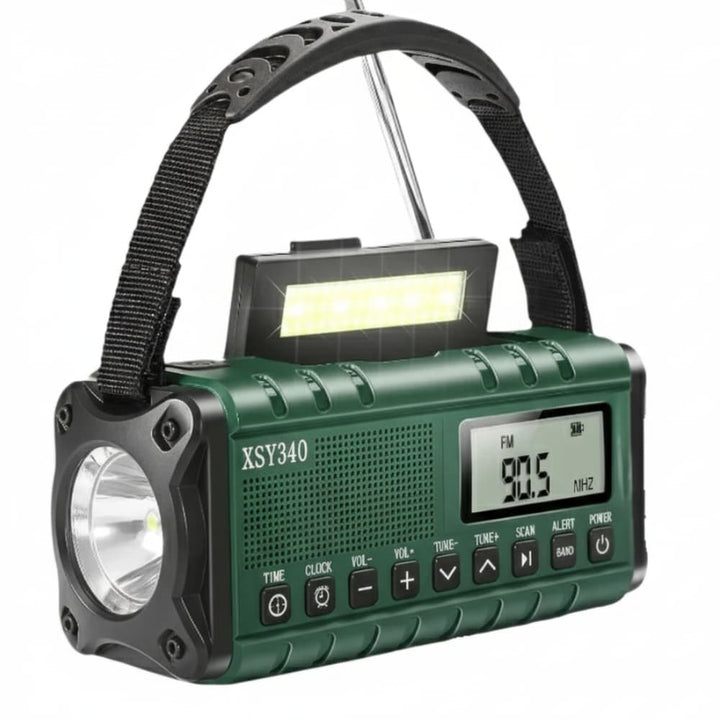 Unisex emergency solar crank radio flashlight with handcrank, solar panel, and antenna for outdoor survival