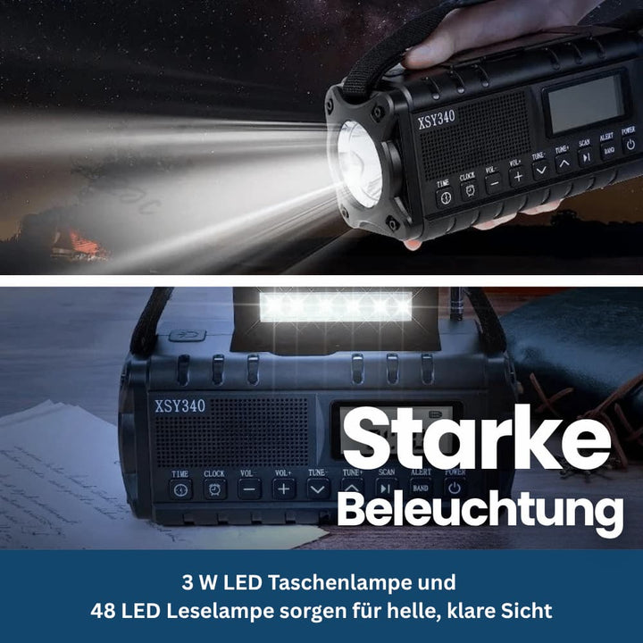 Compact solar crank radio and flashlight, essential for emergency kits, camping, and outdoor activities