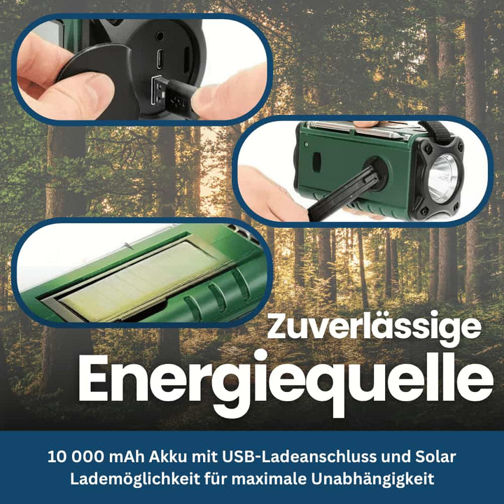 Durable unisex emergency radio and flashlight combo, featuring solar and handcrank power for reliability