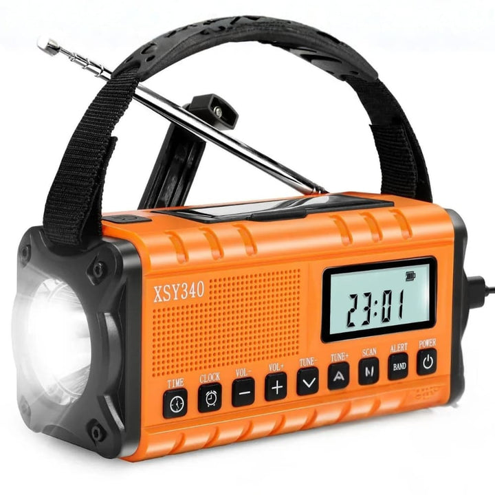 Versatile emergency portable radio flashlight, solar rechargeable and hand-cranked for off-grid use