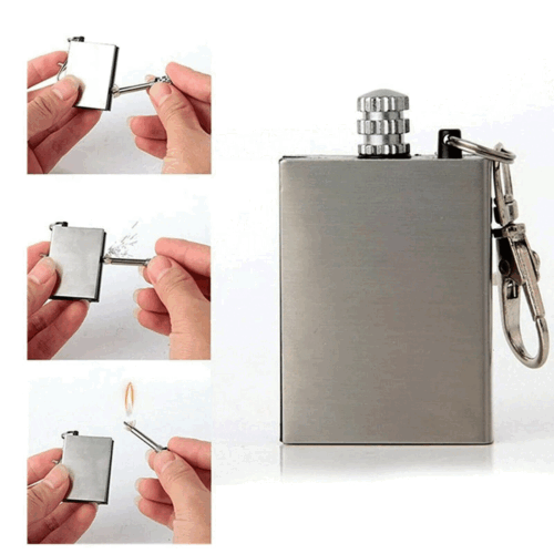 Survival gear: flint match lighter with a flame, demonstrating its fire-starting capability