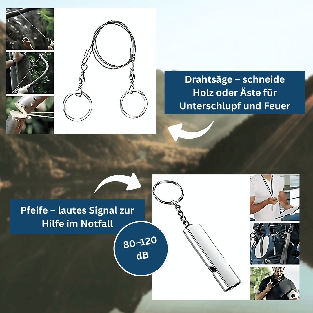 Robust all-in-one survival kit for camping, hiking, and general emergency use