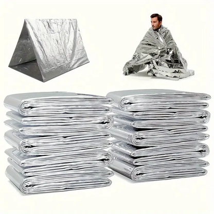 Silver Mylar space blanket, waterproof survival gear for warmth and protection in outdoor emergencies