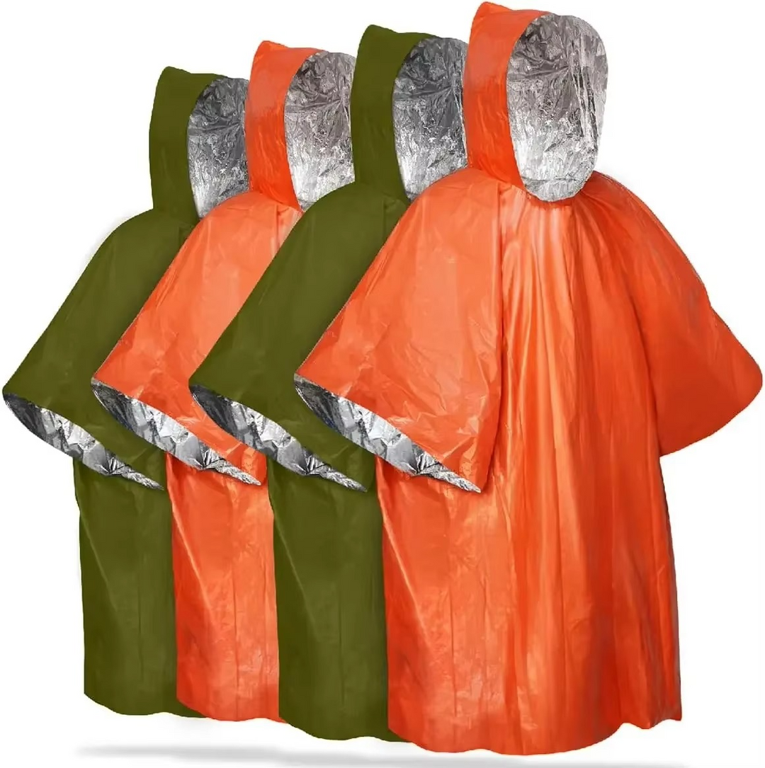 Unisex emergency thermal rain poncho, reflective, for survival gear & outdoor safety, waterproof