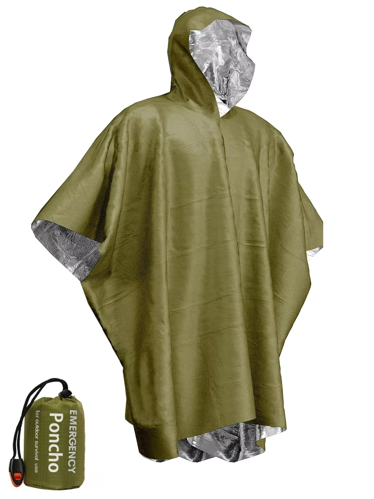 Emergency thermal poncho for adults, showcasing its reflective surface for visibility & warmth