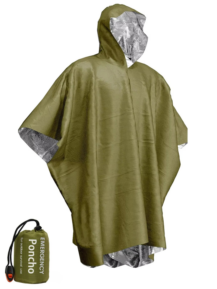 Emergency thermal poncho for adults, showcasing its reflective surface for visibility & warmth